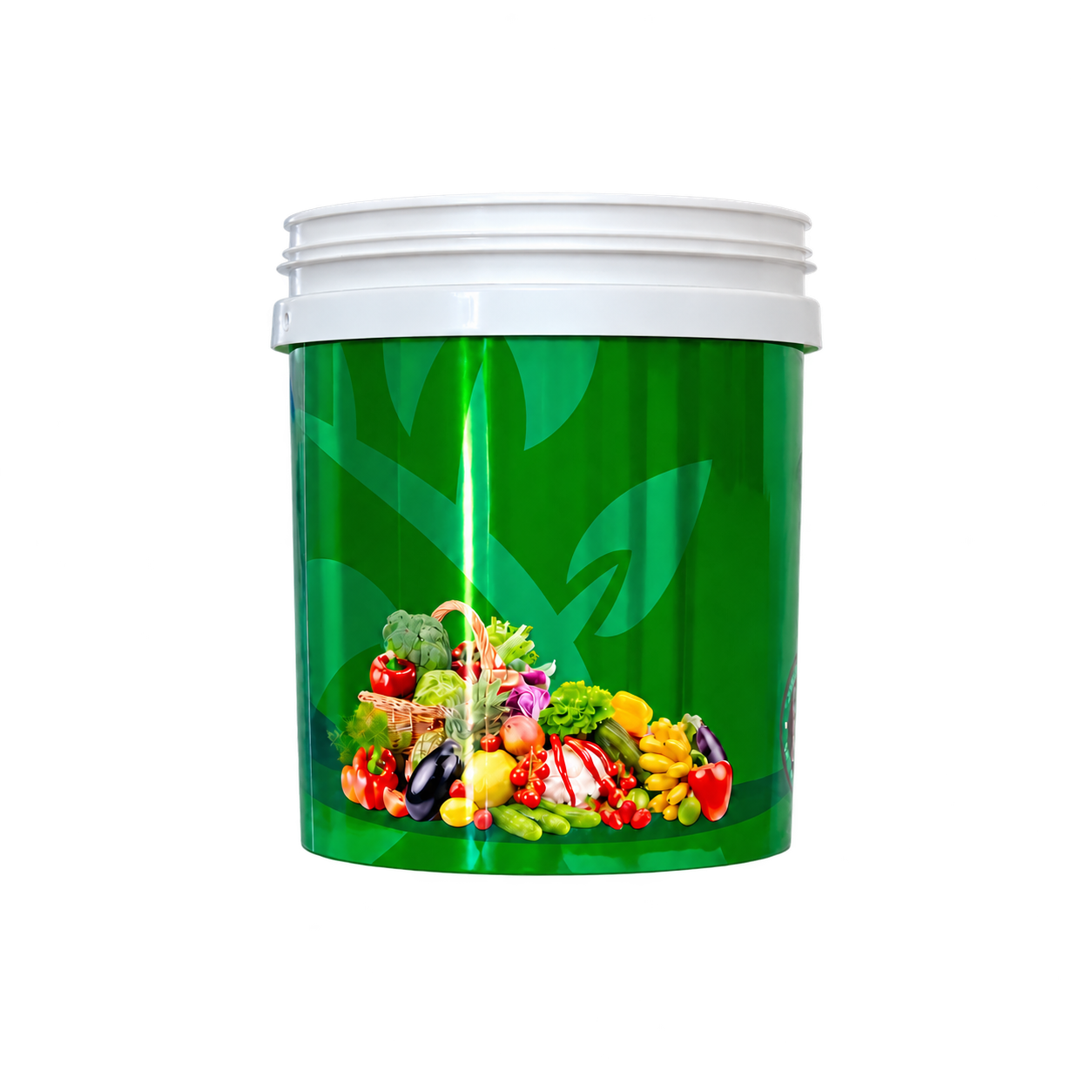 Green branded 20 litre bucket with white lid and vegetable artwork
