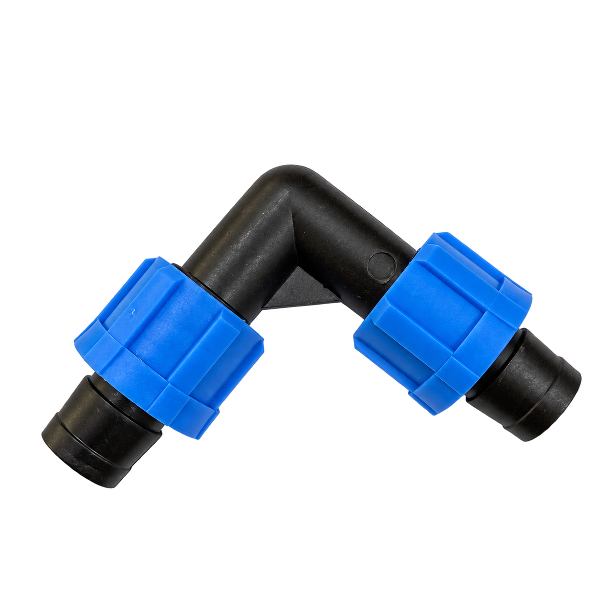ET0117 90-degree drip-tape elbow with a black body, two blue locking nuts and two black tape connections