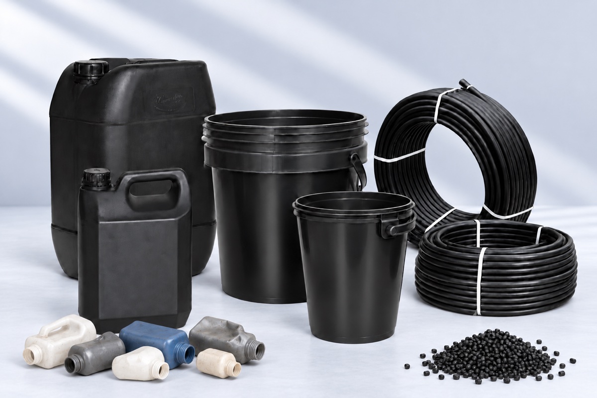 Black Waverley containers, buckets and pipe with used plastic bottles and recycled pellets